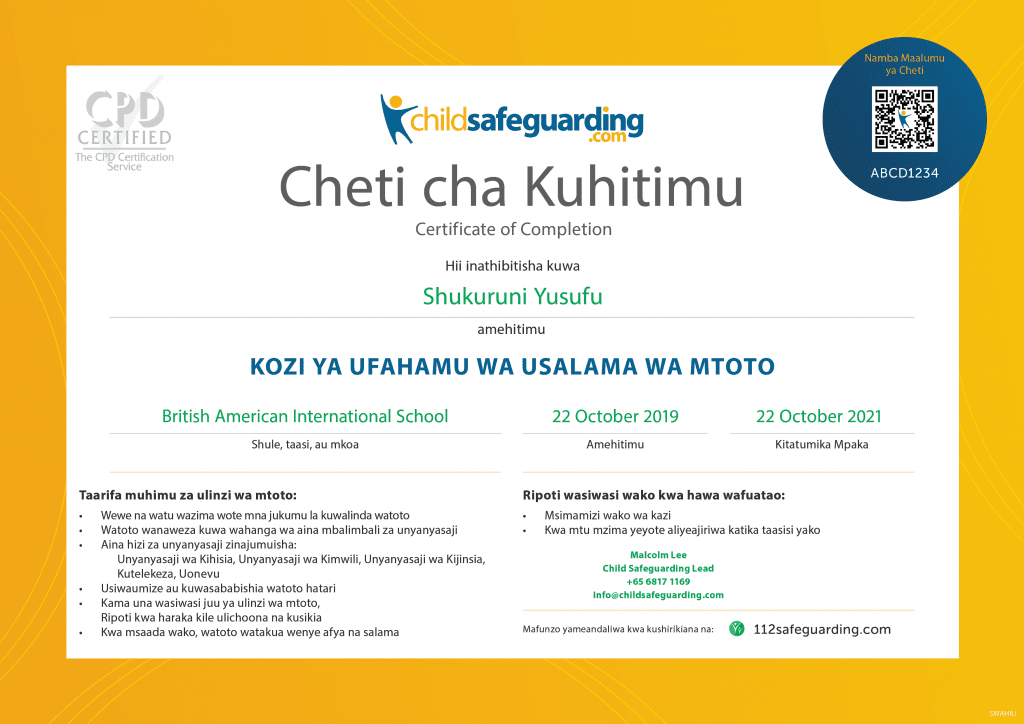 Swahili Child Protection Training Certificate