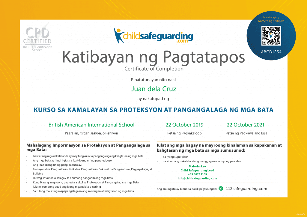 Tagalog Child Protection Training Certificate
