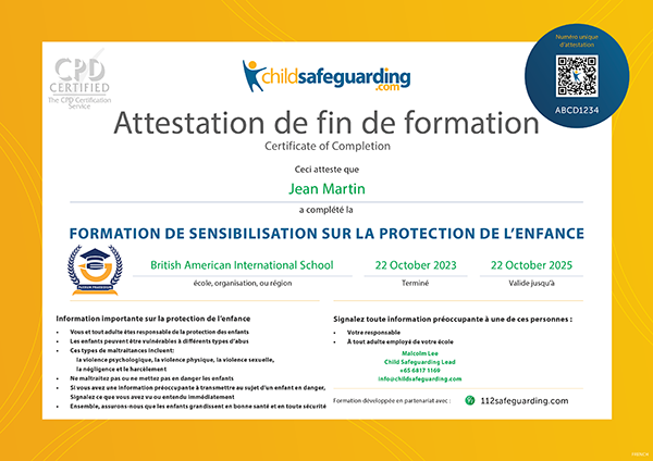 French Child Protection Training Certificate