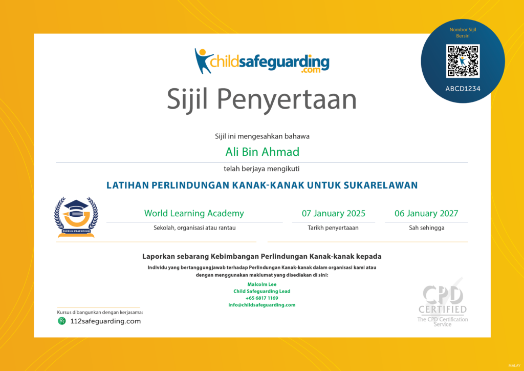 Child Protection Training for Volunteers Certificate - MALAY