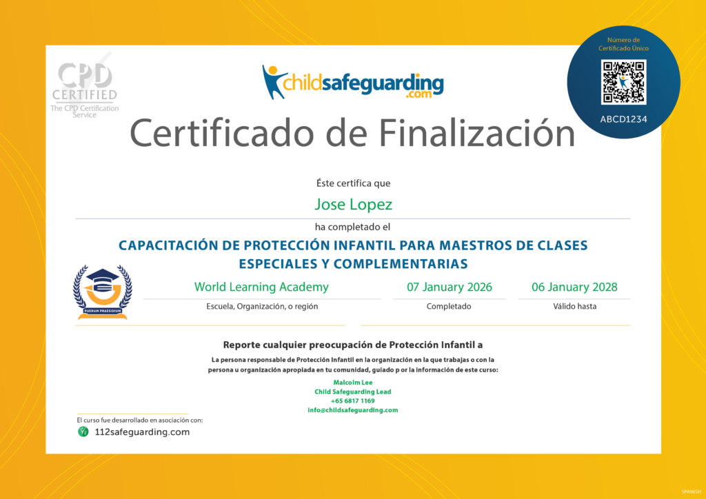 Child Protection Training for Supplementary and Specialist Teachers Certificate - SPANISH