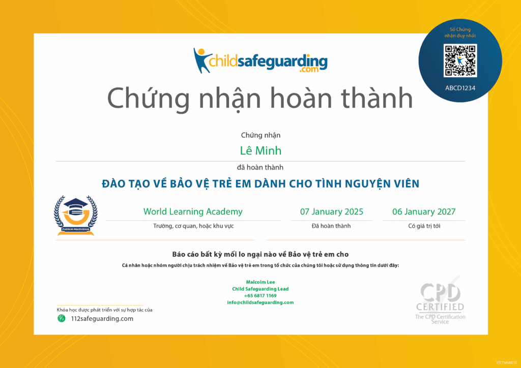 Child Protection Training for Volunteers Certificate - VIETNAMESE