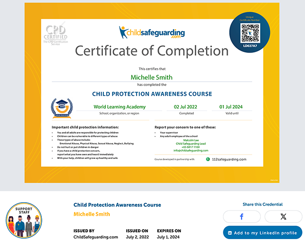 Child Protection Awareness Training for Support Staff Certificate