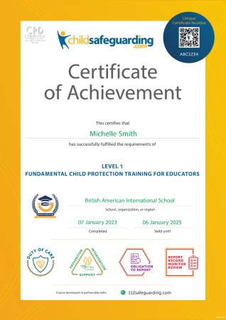 Level 1 - Fundamental Child Protection Training for Educators Certificate - English