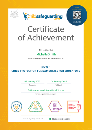 Level 1 - Child Protection Fundamentals for Educators Certificate - English