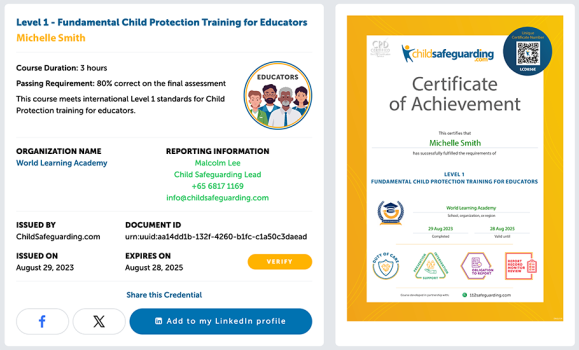 Level 1 - Fundamental Child Protection Training for Educators Certificate